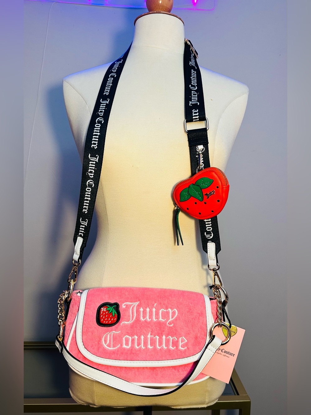 Juicy Couture NWT Sweet 'N Juicy Strawberry Crossbody Pink Velour Bag